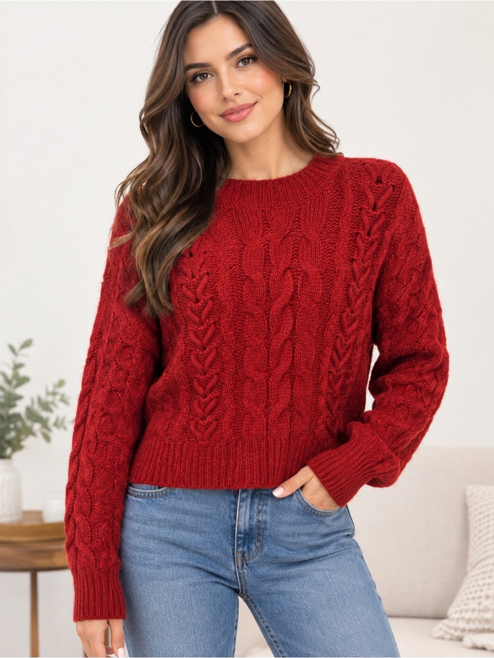 Abercrombie & Fitch Red Cable Knit Crewneck Sweater Size Small